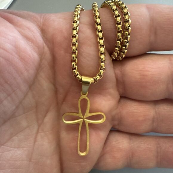 Stainless Steel Cross Pendant Scripture Gold Plated 24 Inch Chain Religious - Picture 5 of 6